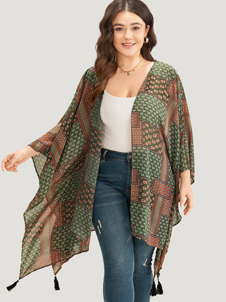 

Plus Size Cover Ups/Kimonos | Bandana Print Tassels Trim Asymmetrical Hem Kimono | BloomChic, Moss