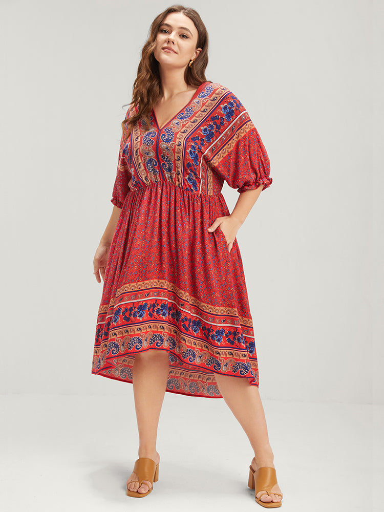 

Plus Size Women Dailywear Bohemian Print Ruffles Dolman Sleeve Three Quater Length Sleeve V Neck Pocket Elegance Dresses BloomChic, Red