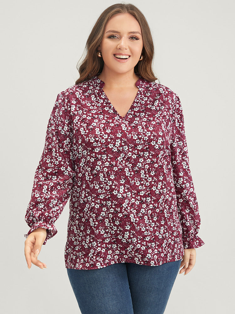 

Plus Size Women Dailywear Ditsy Floral Arc Hem Lantern Sleeve Long Sleeve V-neck Elegant Blouses BloomChic, Burgundy