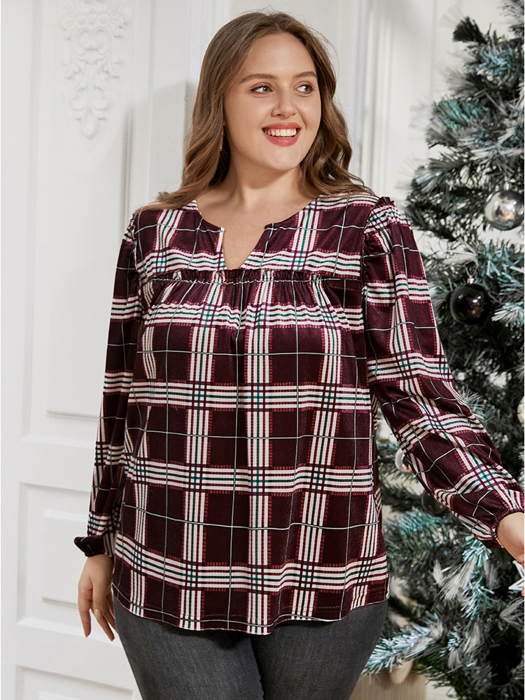 

Plus Size Women Going out Plaid Fringe Trim Lantern Sleeve Long Sleeve Notched Party T-shirts BloomChic, Multicolor