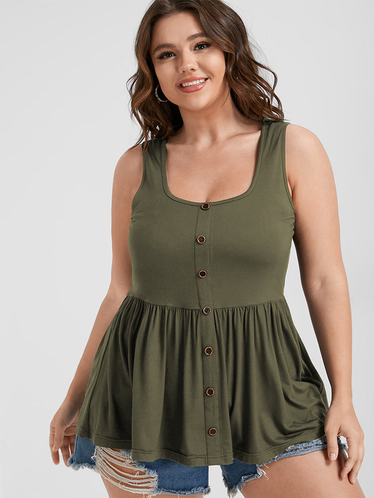 

Plus Size Women Dailywear Plain Button Sleeveless Scoop Neck Elegance Tank Tops Camis BloomChic, Army green