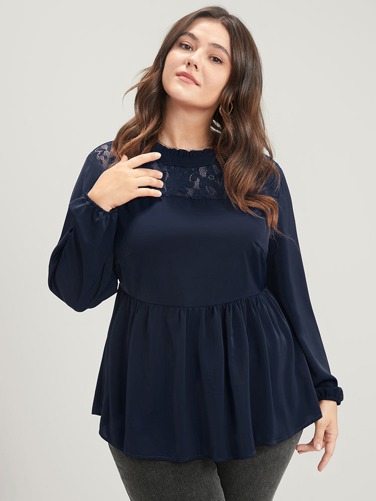 

Plus Size Women Dailywear Plain Lace Lantern Sleeve Long Sleeve Mock Neck Elegance Blouses BloomChic, Indigo