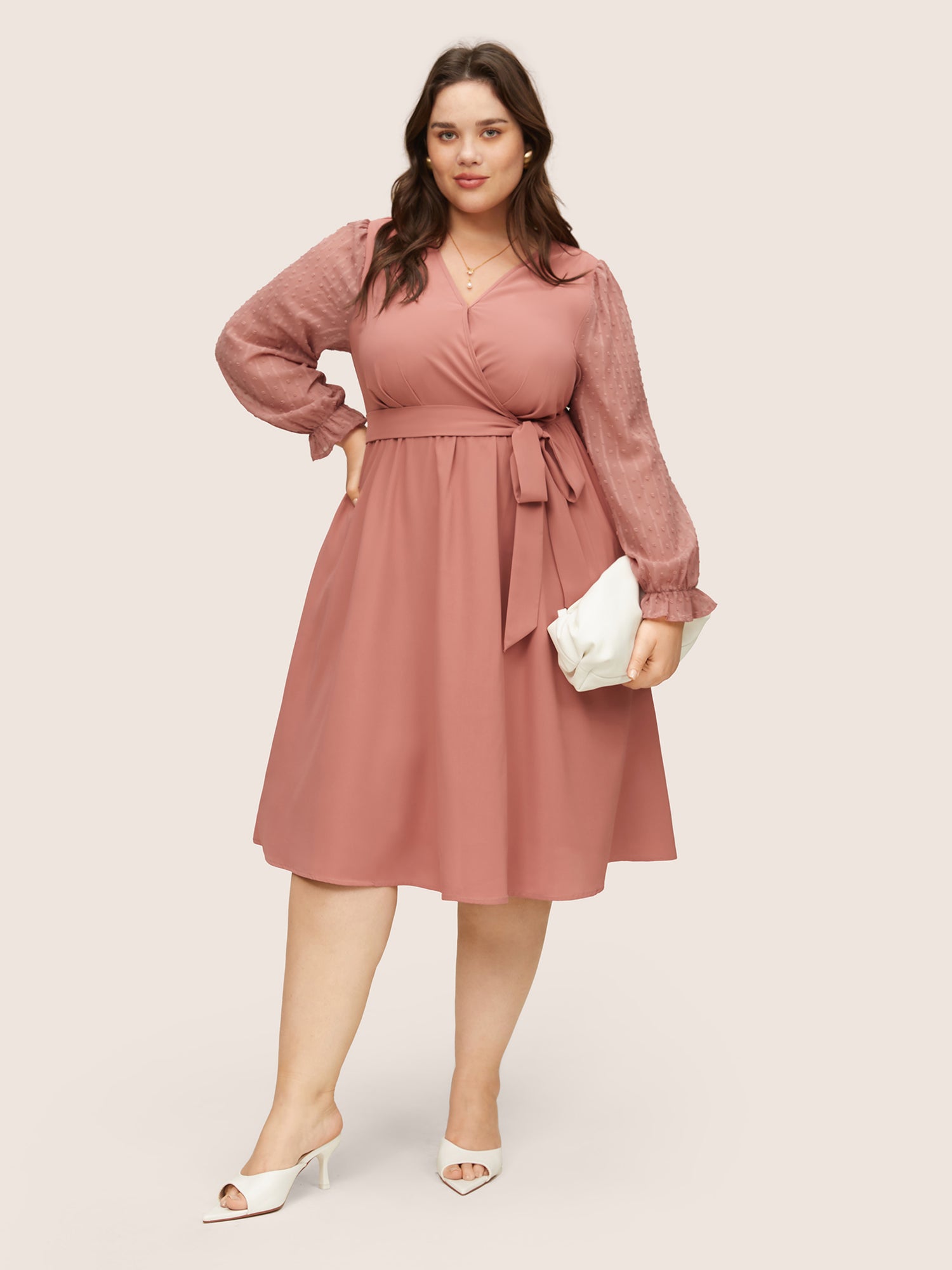 

Plus Size Women Work Plain See through Lantern Sleeve Long Sleeve Overlap Collar Pocket Belt At the Office Dresses BloomChic, Dusty pink