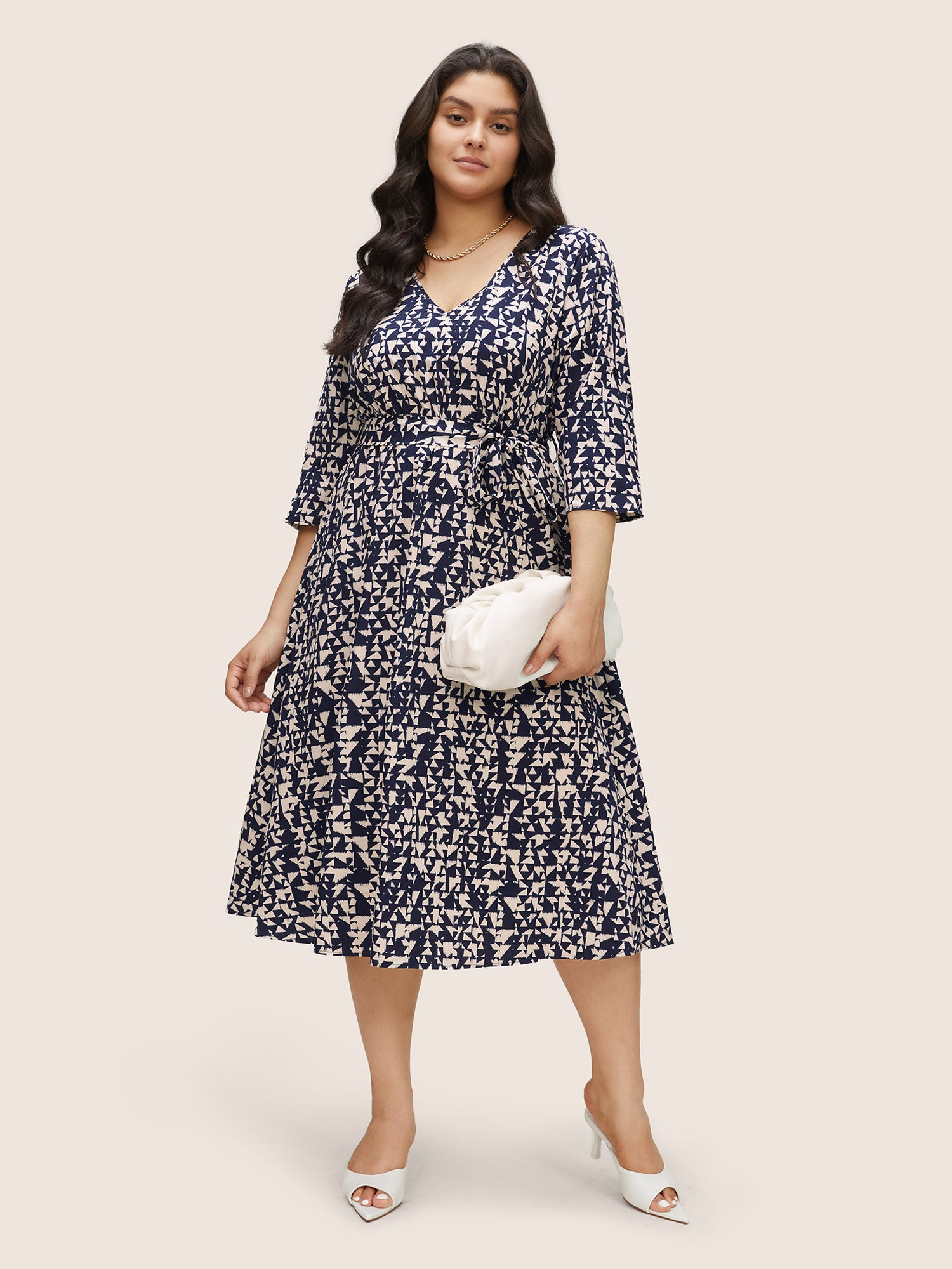 

Plus Size Women Work Geometric Non Regular Sleeve Half Sleeve V-neck Pocket Belt At the Office Dresses BloomChic, Indigo