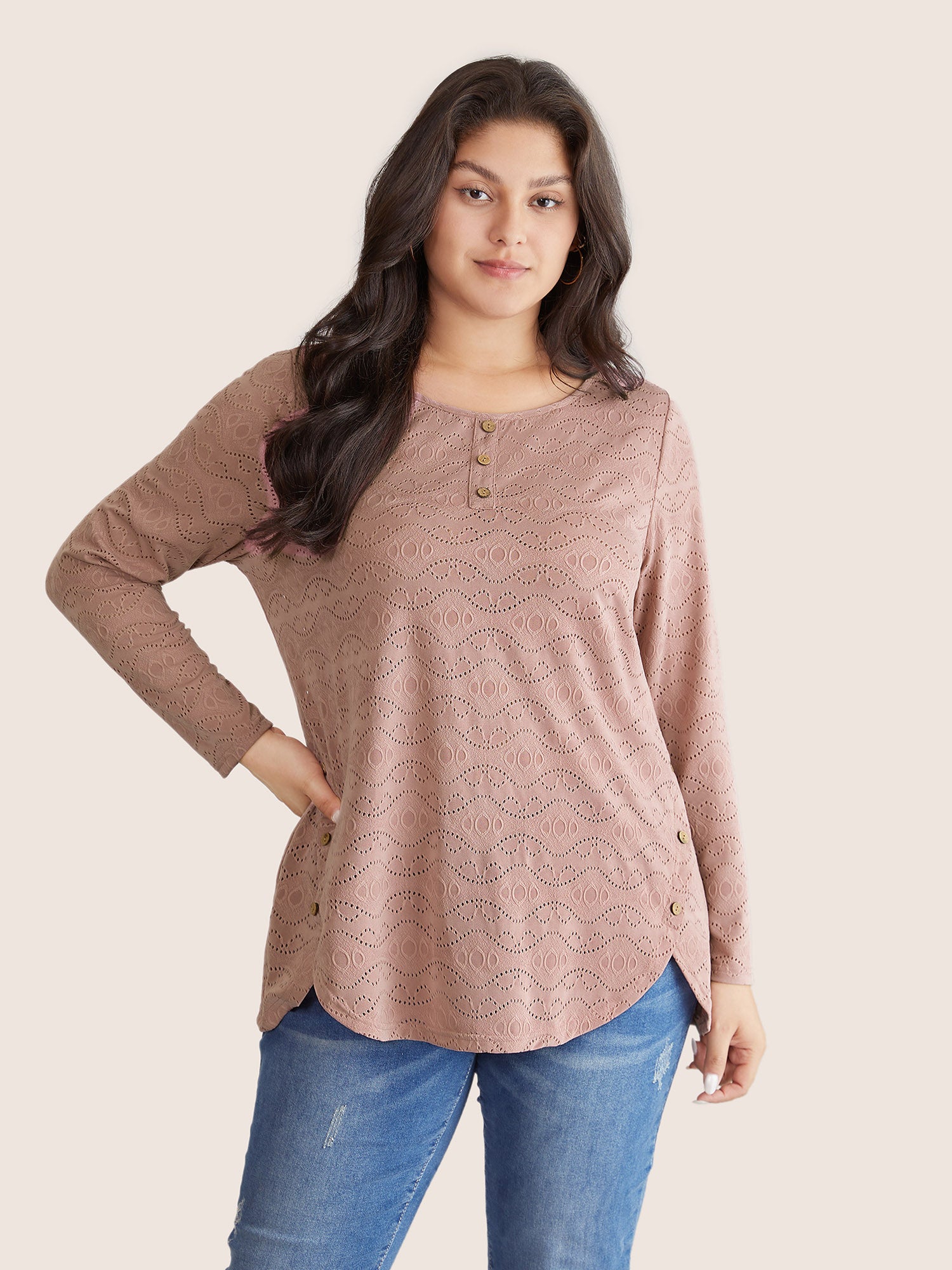 

Plus Size Women Dailywear Plain Texture Regular Sleeve Long Sleeve Round Neck Casual T-shirts BloomChic, Dusty pink