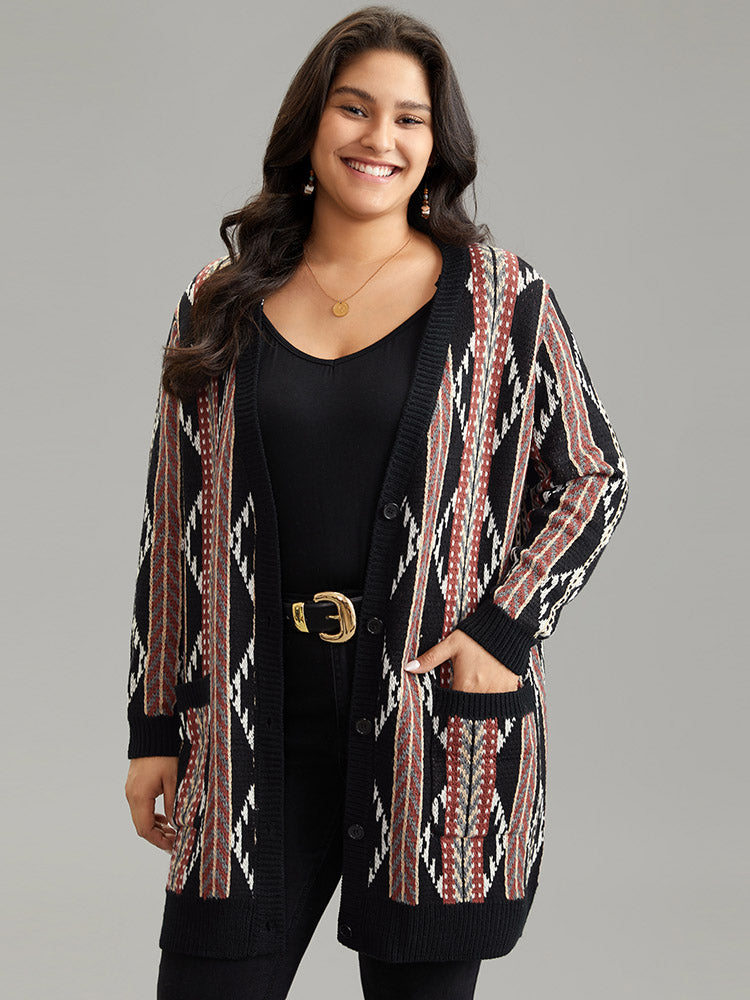 

Plus Size Cardigans | Bandana Print Button Down Patched Pocket Tunic Cardigan | BloomChic, Multicolor