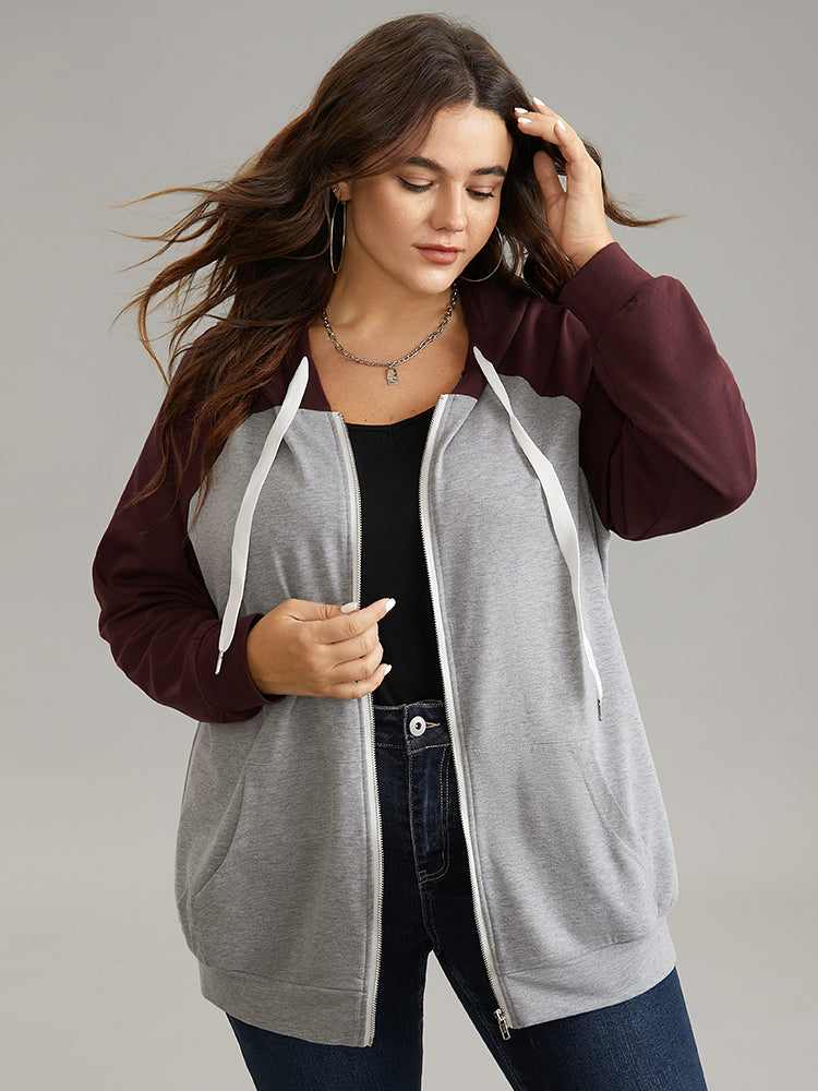

Plus Size Women Dailywear Plain Contrast Regular Raglan sleeve Long Sleeve Hooded Pocket Casual Sweatshirts BloomChic, Gray