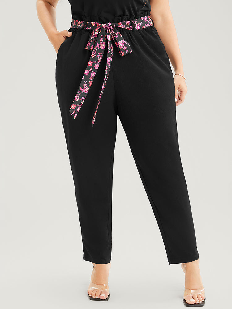 

Plus Size Women Dailywear Ditsy Floral Belted High Rise Pocket Belt Elegance Pants BloomChic, Black