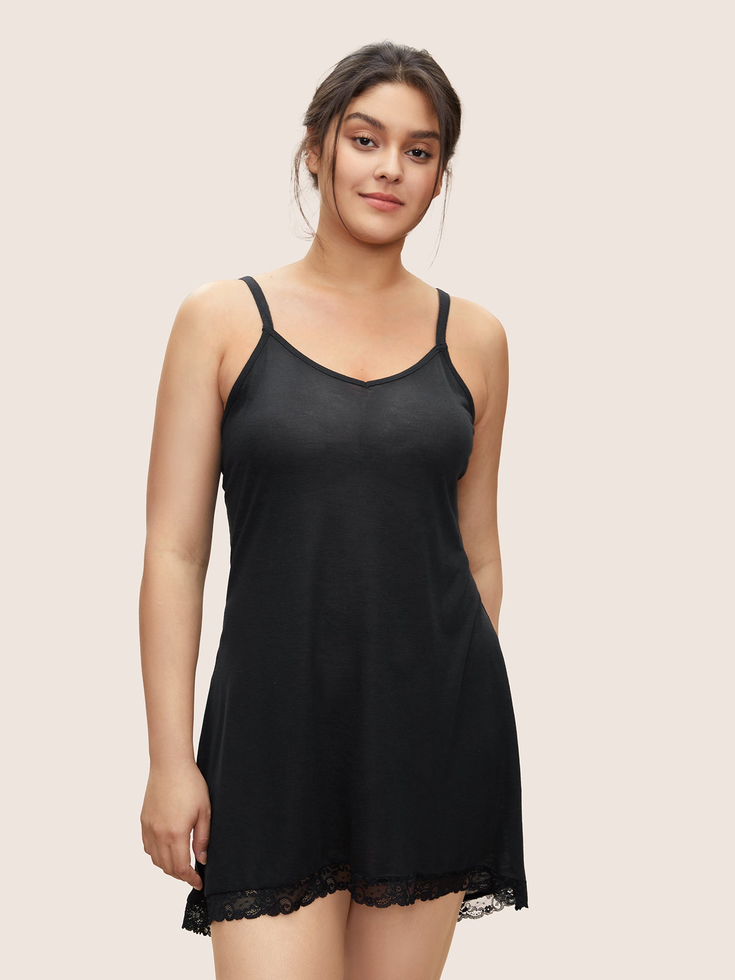 

Plus Size Sleep Dresses | Plain Lace Panel Cami Sleep Dress | BloomChic, Black