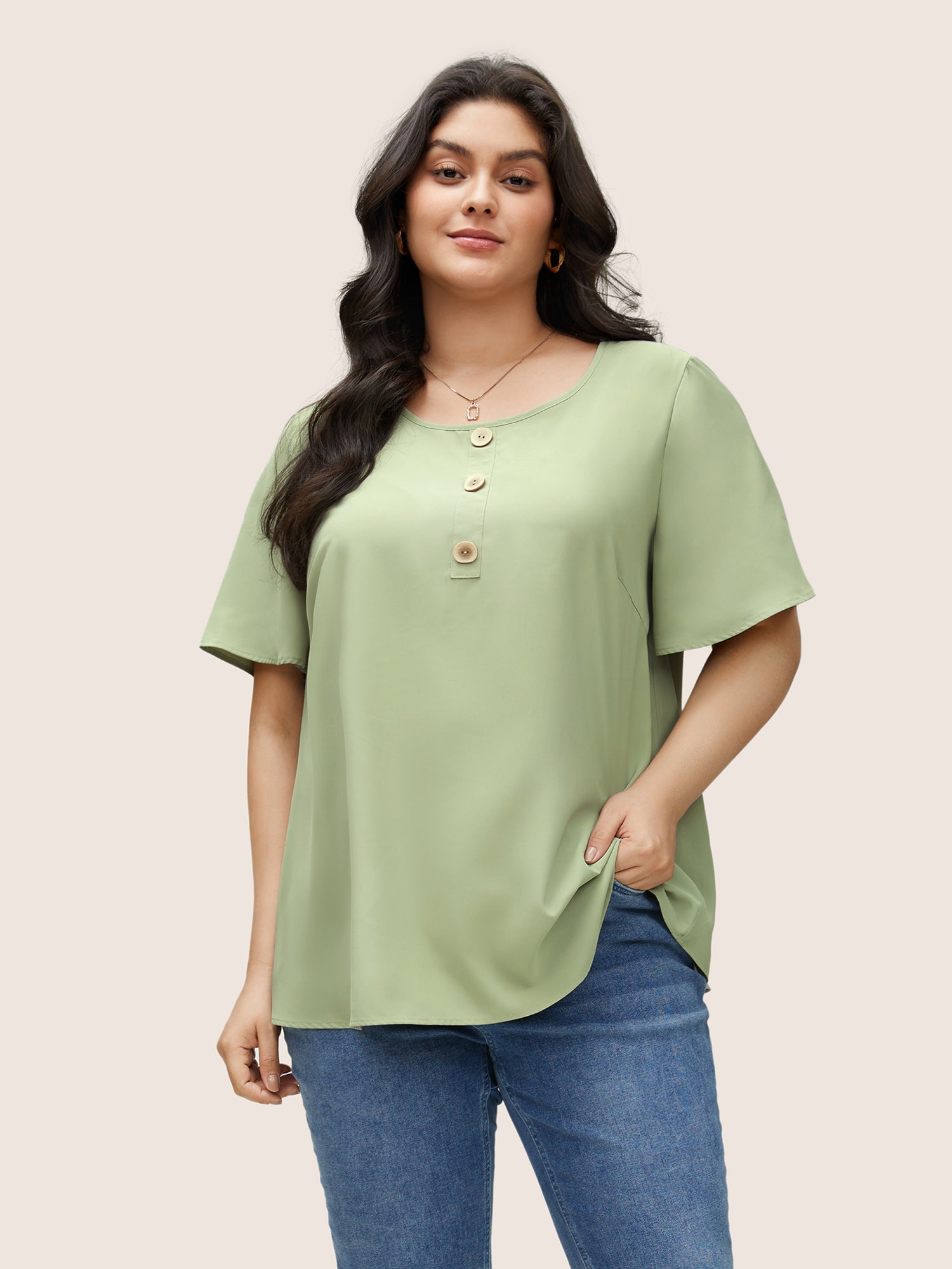 

Plus Size Women Everyday Plain Button Ruffle Sleeve Short sleeve Round Neck Casual Blouses BloomChic, Mint