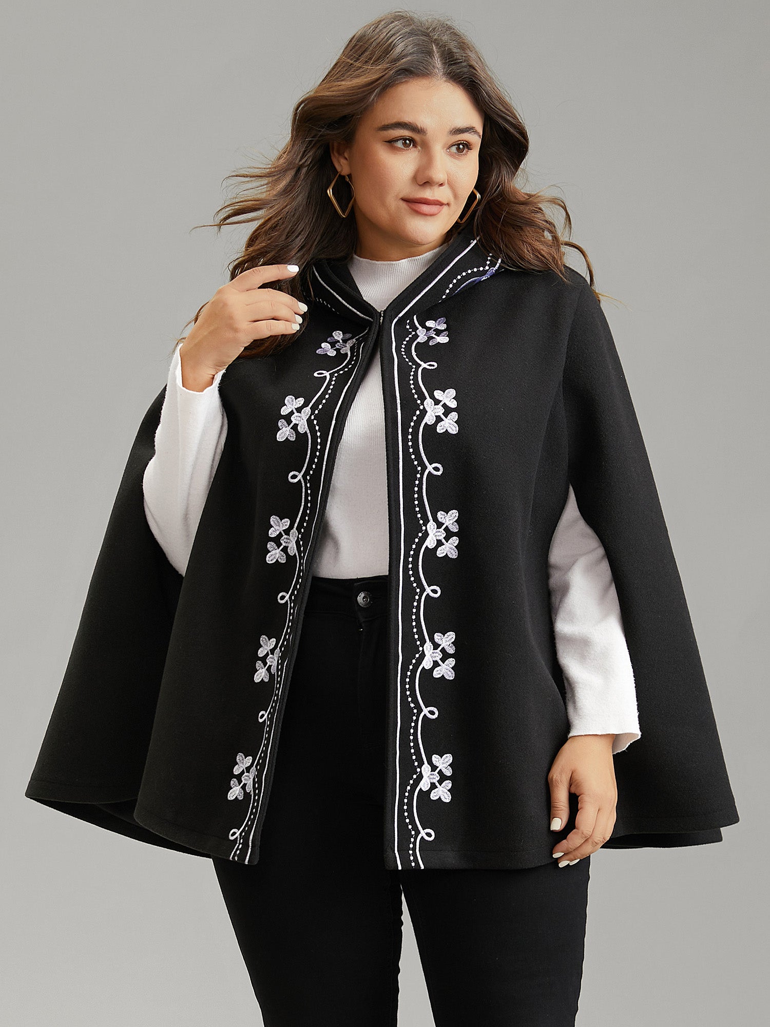 

Plus Size Cover Ups/Kimonos | Floral Embroidered Hooded Cape Kimono | BloomChic, Black