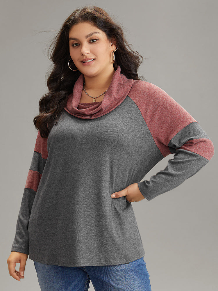 

Plus Size Women Dailywear Plain Contrast Raglan sleeve Long Sleeve Cowl Neck Casual T-shirts BloomChic, Gray