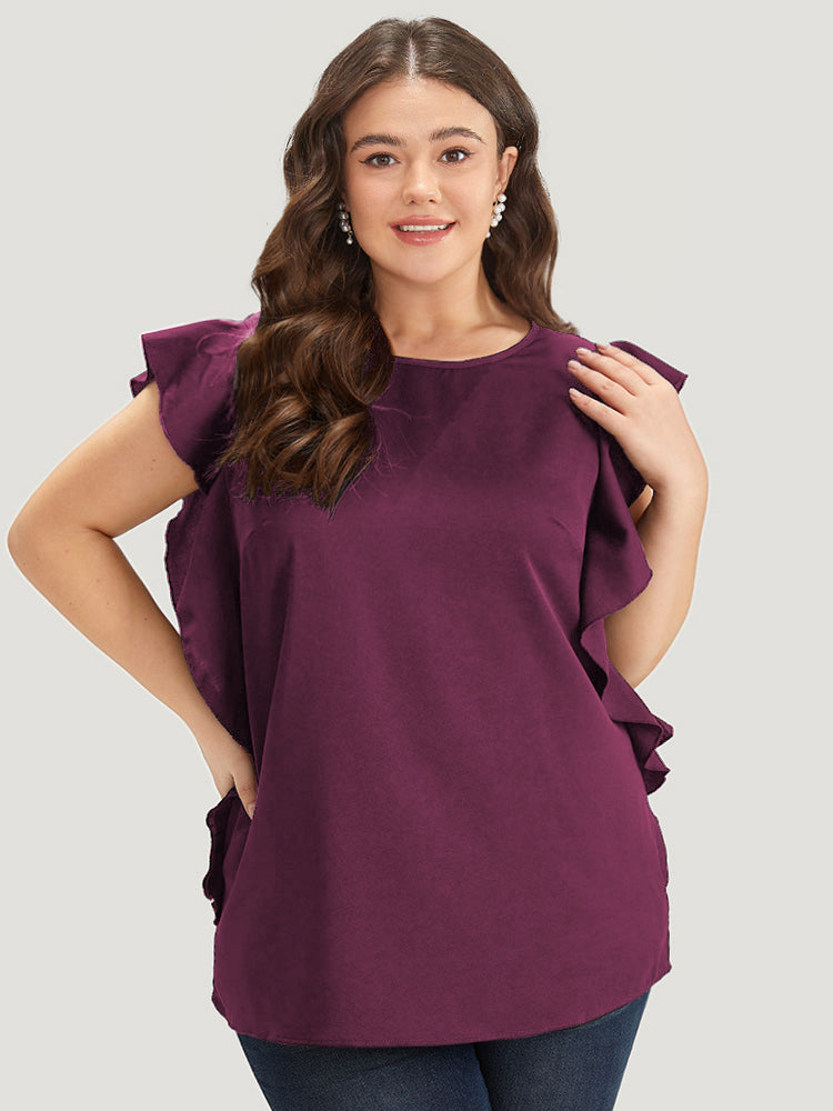 

Plus Size Women Work Plain Plain Ruffle Sleeve Cap Sleeve Round Neck Office Blouses BloomChic, Burgundy