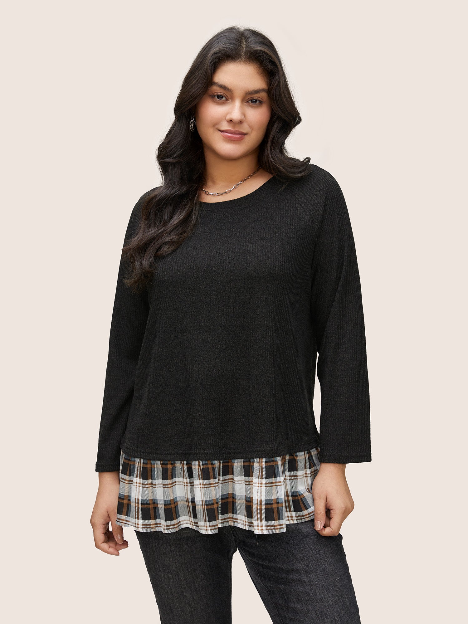 

Plus Size Women Everyday Plaid Texture Raglan sleeve Long Sleeve Round Neck Casual T-shirts BloomChic, Black