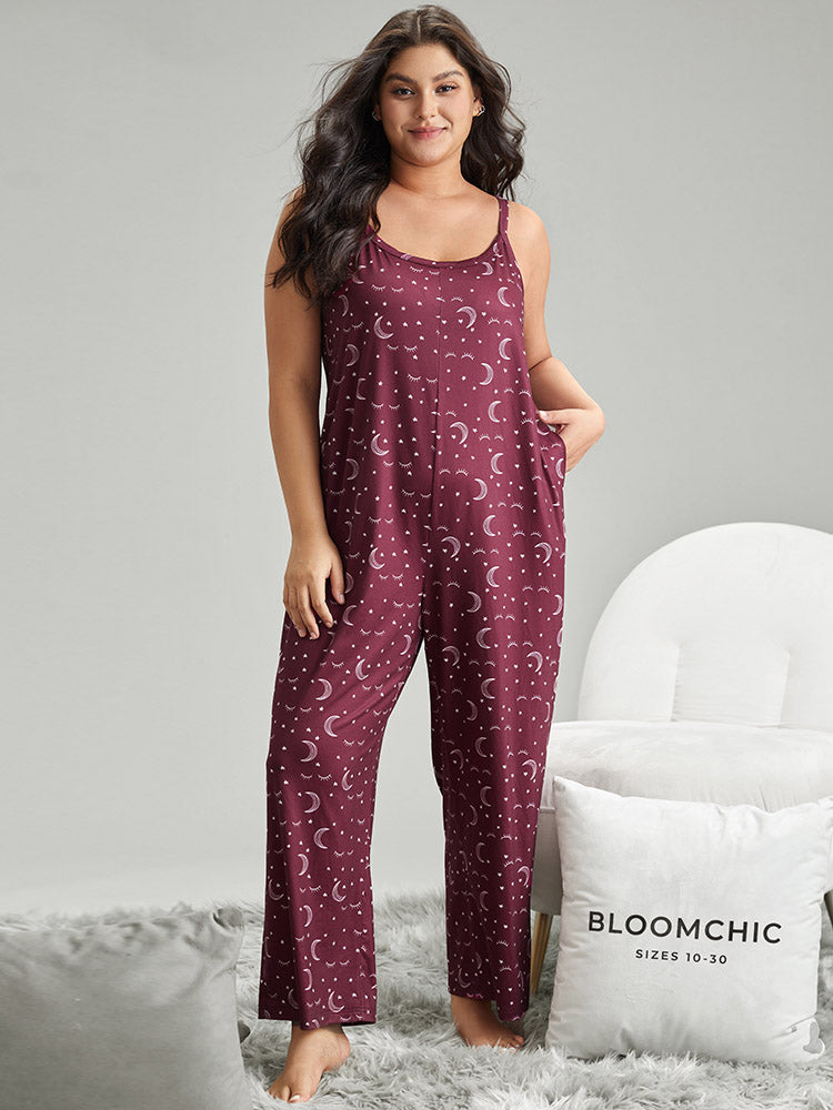 

Plus Size Sleep Jumpsuits/Rompers | Moon & Star Print Pocket Cami Sleep Jumpsuit | BloomChic, Purple