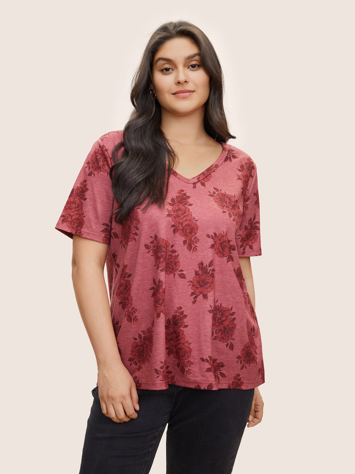 

Plus Size Women Everyday Floral Non Regular Sleeve Short sleeve V-neck Elegant T-shirts BloomChic, Rouge