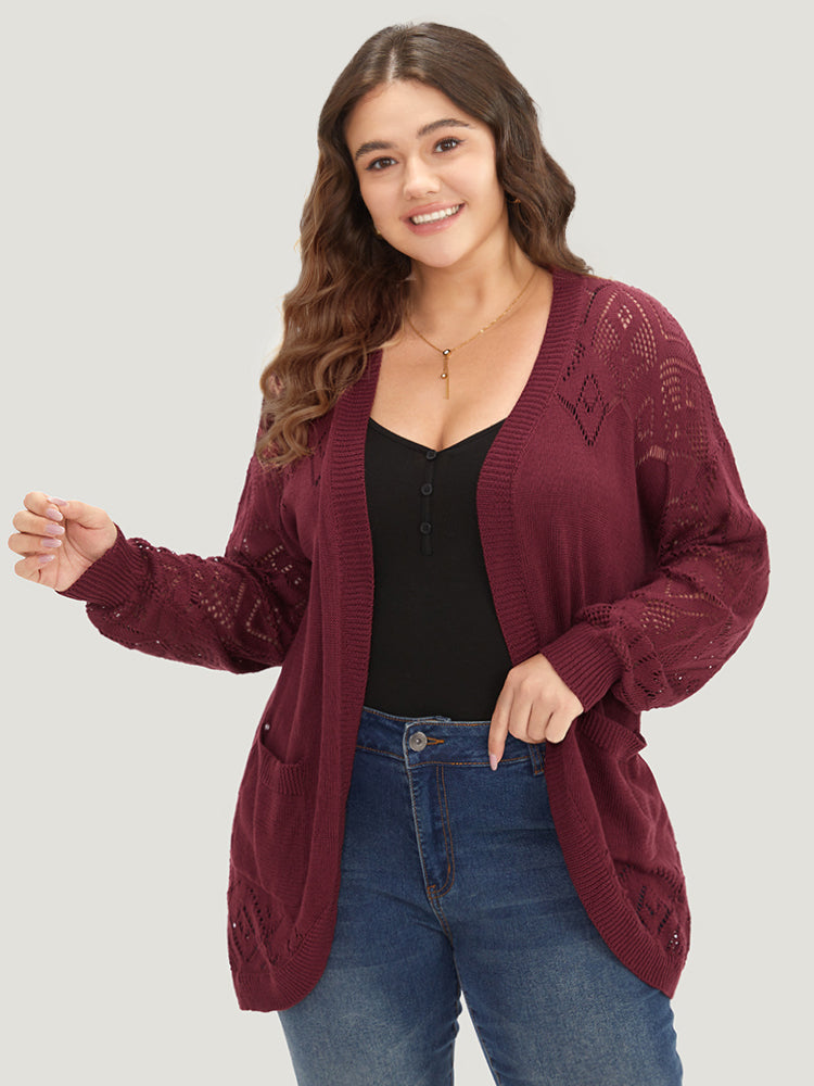 

Plus Size Cardigans | Plain Patched Pocket Curved Hem Cardigan | BloomChic, Burgundy