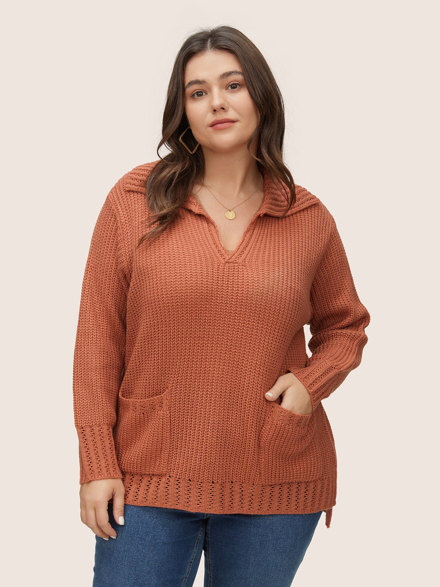 

Plus Size Pullovers | Solid Pocket Pointelle Knit Split Hem Pullover | BloomChic, Coral