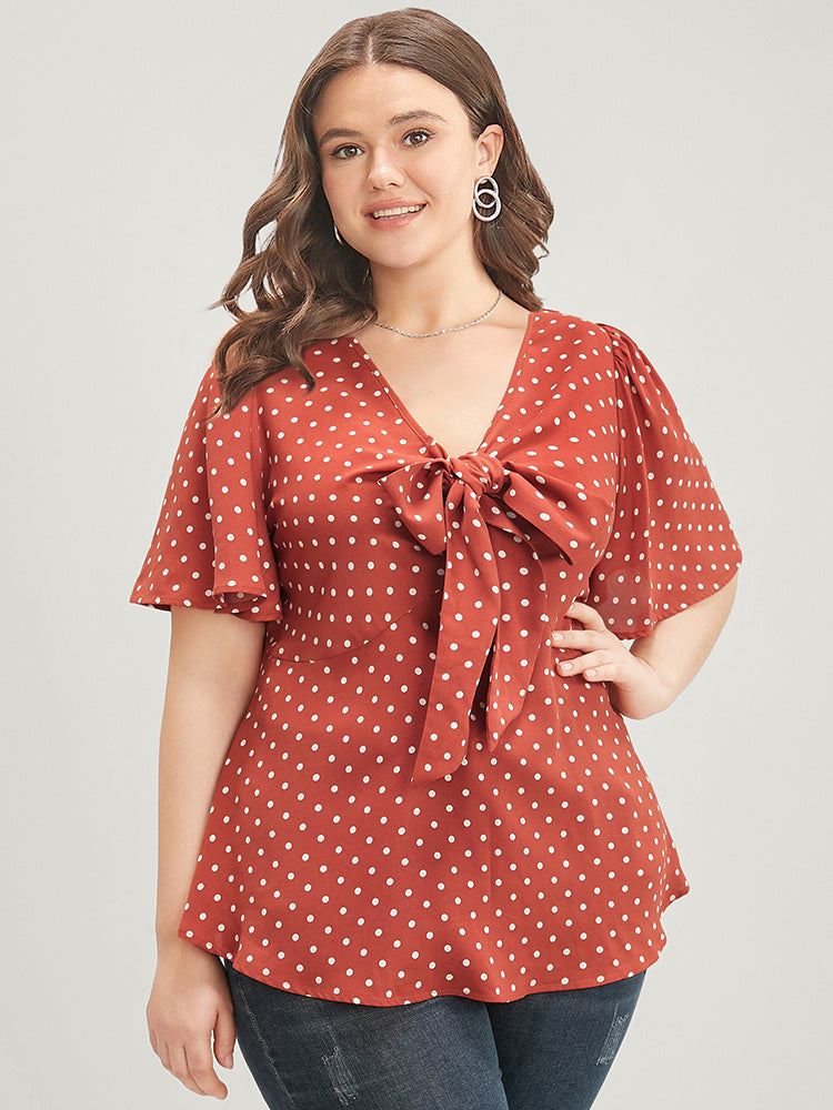 

Plus Size Women Dailywear Polka Dot Knotted Ruffle Sleeve Short Sleeve V Neck Elegance Blouses BloomChic, Rust