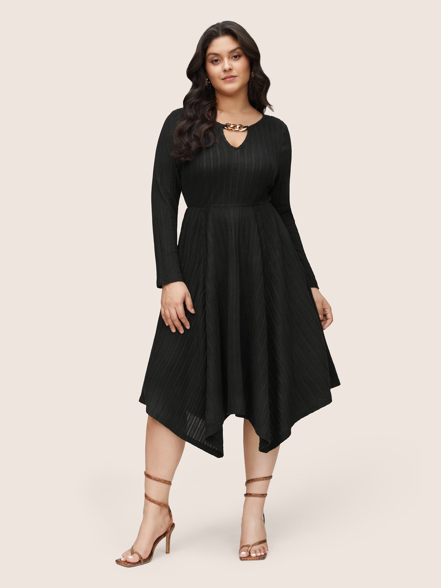 

Plus Size Women Dailywear Plain Asymmetrical Regular Sleeve Long Sleeve Keyhole Cut-Out Pocket Elegant Dresses BloomChic, Black