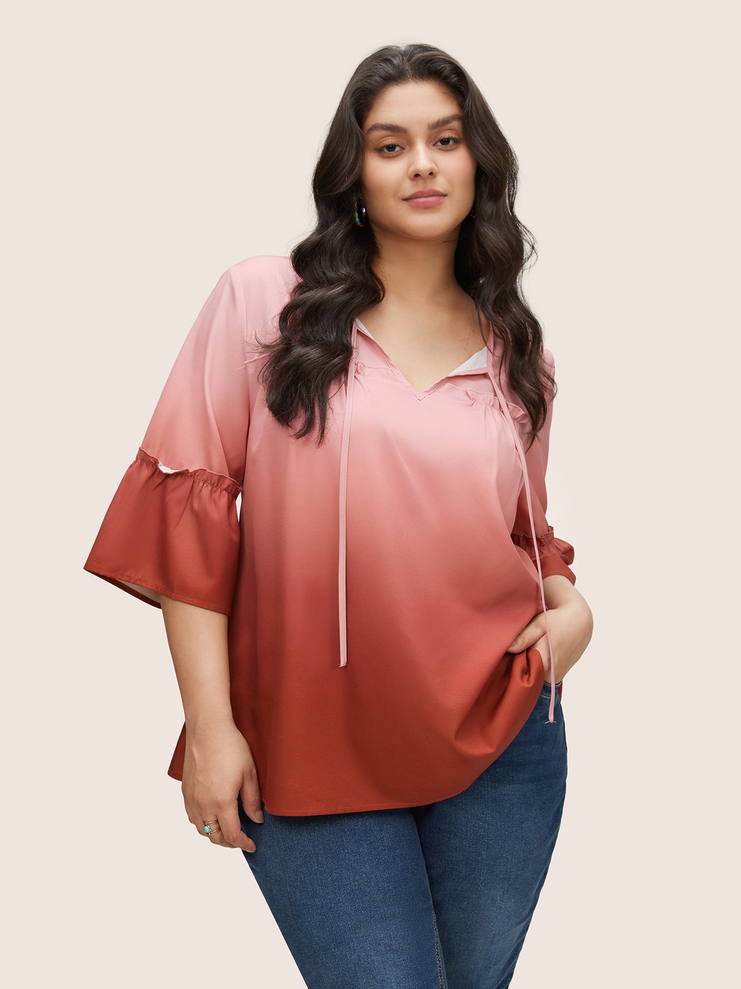 

Plus Size Women Vacation Ombre Cross straps Ruffle Sleeve Elbow-length sleeve Tie Neck Resort Blouses BloomChic, Scarlet