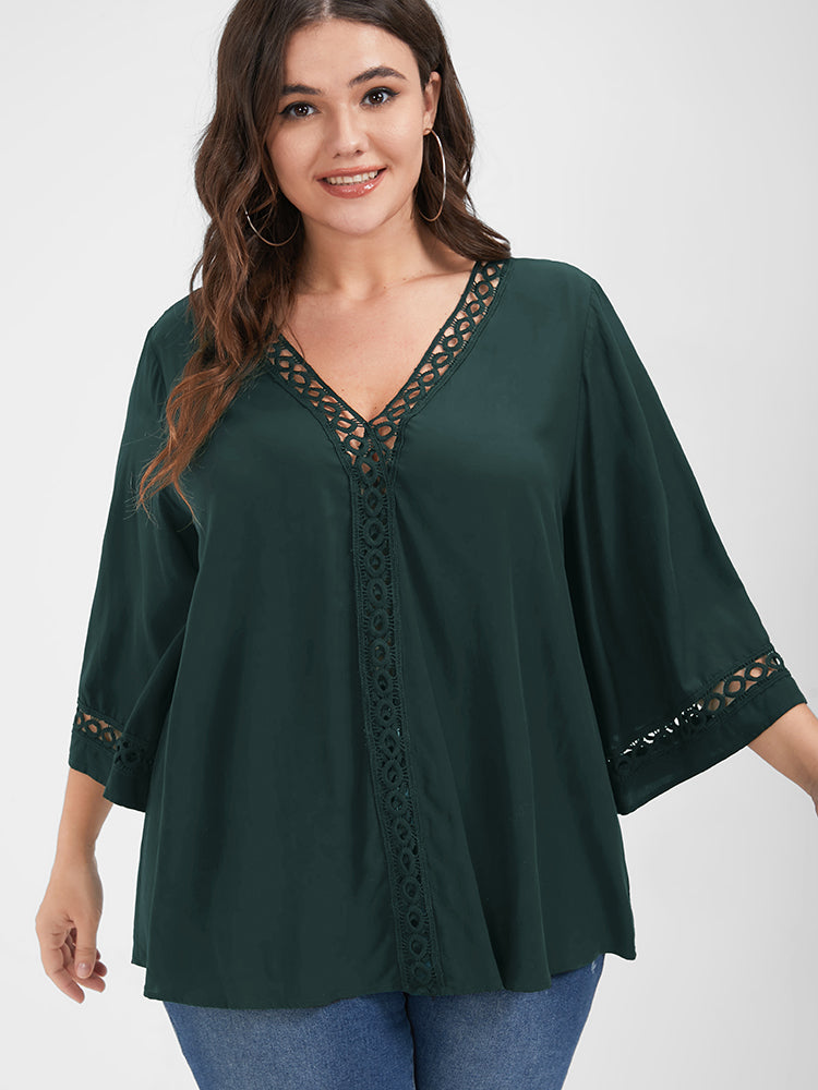 

Plus Size Women Dailywear Plain Patchwork Bell Sleeve Three Quater Length Sleeve V Neck Elegance Blouses BloomChic, Dark green