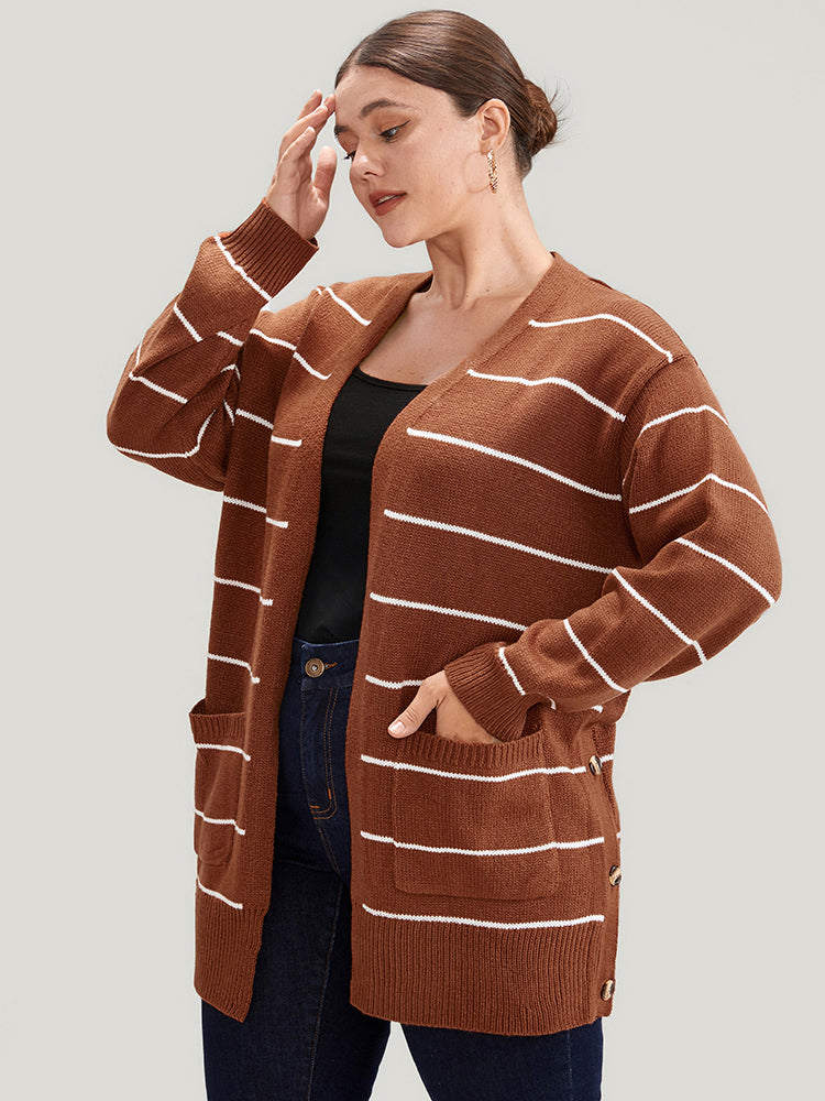 

Striped Pointelle Knit Button Side Pocket Open Front Cardigan BloomChic, Rust