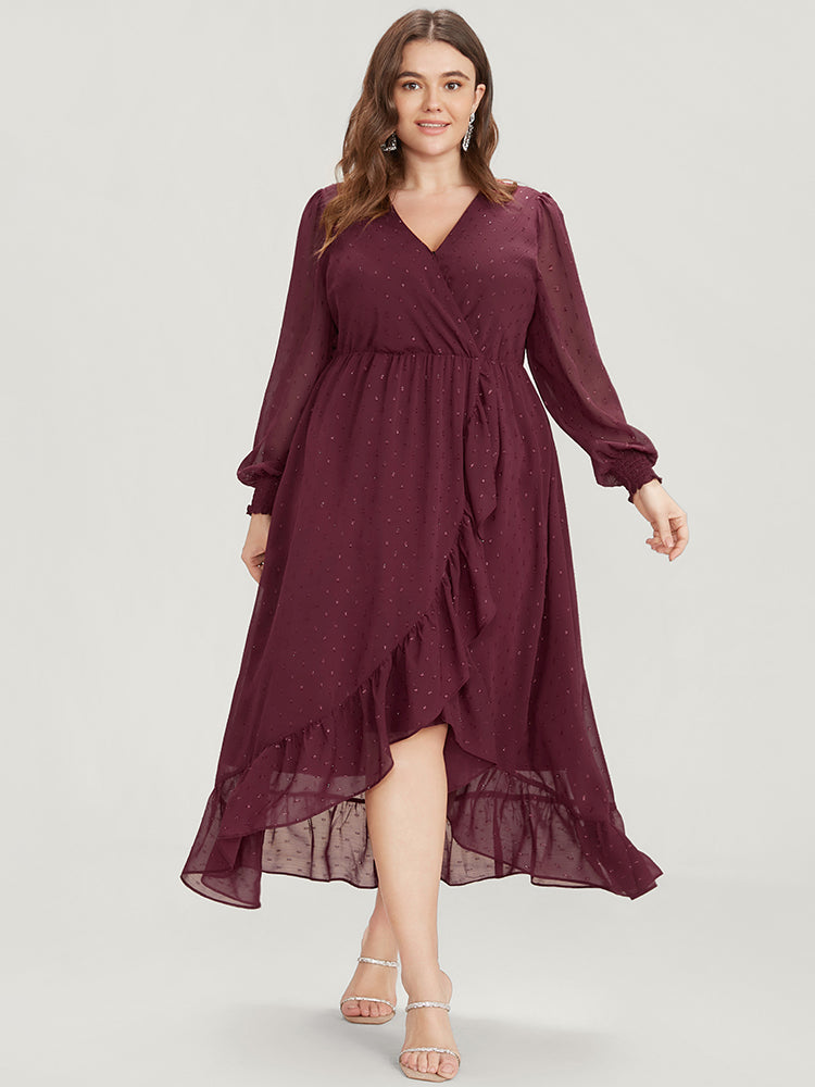 

Plus Size Women Going out Plain Asymmetrical Lantern Sleeve Long Sleeve V Neck Pocket Glamour Dresses BloomChic, Burgundy