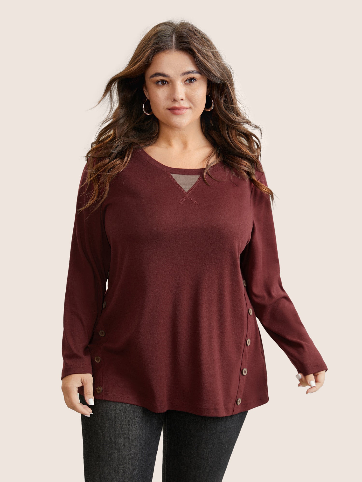 

Plus Size Women Dailywear Plain Button Regular Sleeve Long Sleeve Round Neck Casual T-shirts BloomChic, Burgundy