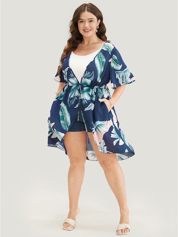 

Tropical Print Ruffle Sleeve Ties Open Front Kimono BloomChic, Navy