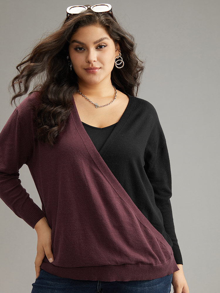 

Plus Size Pullovers | Supersoft Essentials Colorblock Surplice Neck Elastic Hem Pullover | BloomChic, Burgundy