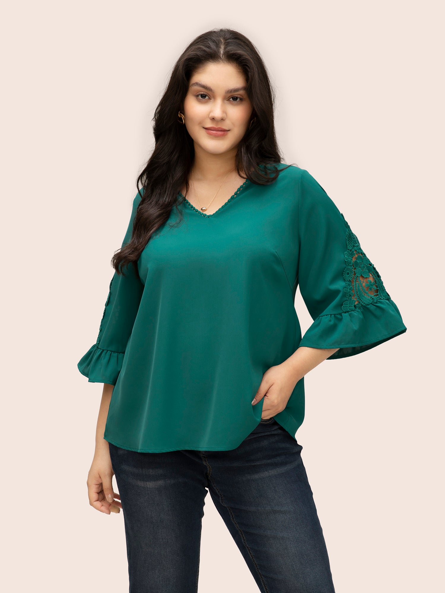 

Plus Size Women Everyday Plain Cut-Out Ruffle Sleeve Elbow-length sleeve V-neck Elegant Blouses BloomChic, Emerald