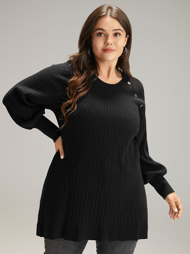 

Plus Size Pullovers | Supersoft Essentials Anti-Pilling Button Detail Pullover | BloomChic, Black