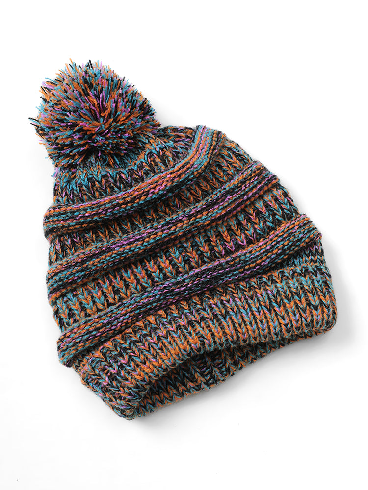 

Plus Size Hats | Colored Contrast Fluffy Ball Detail Knitted Hat | BloomChic, Multicolor