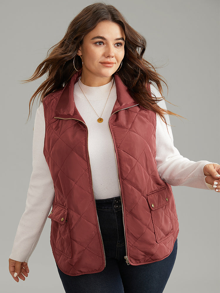 

Plus Size Jackets | Solid Zipper Quilted Flap Pocket Vest | BloomChic, Maroon