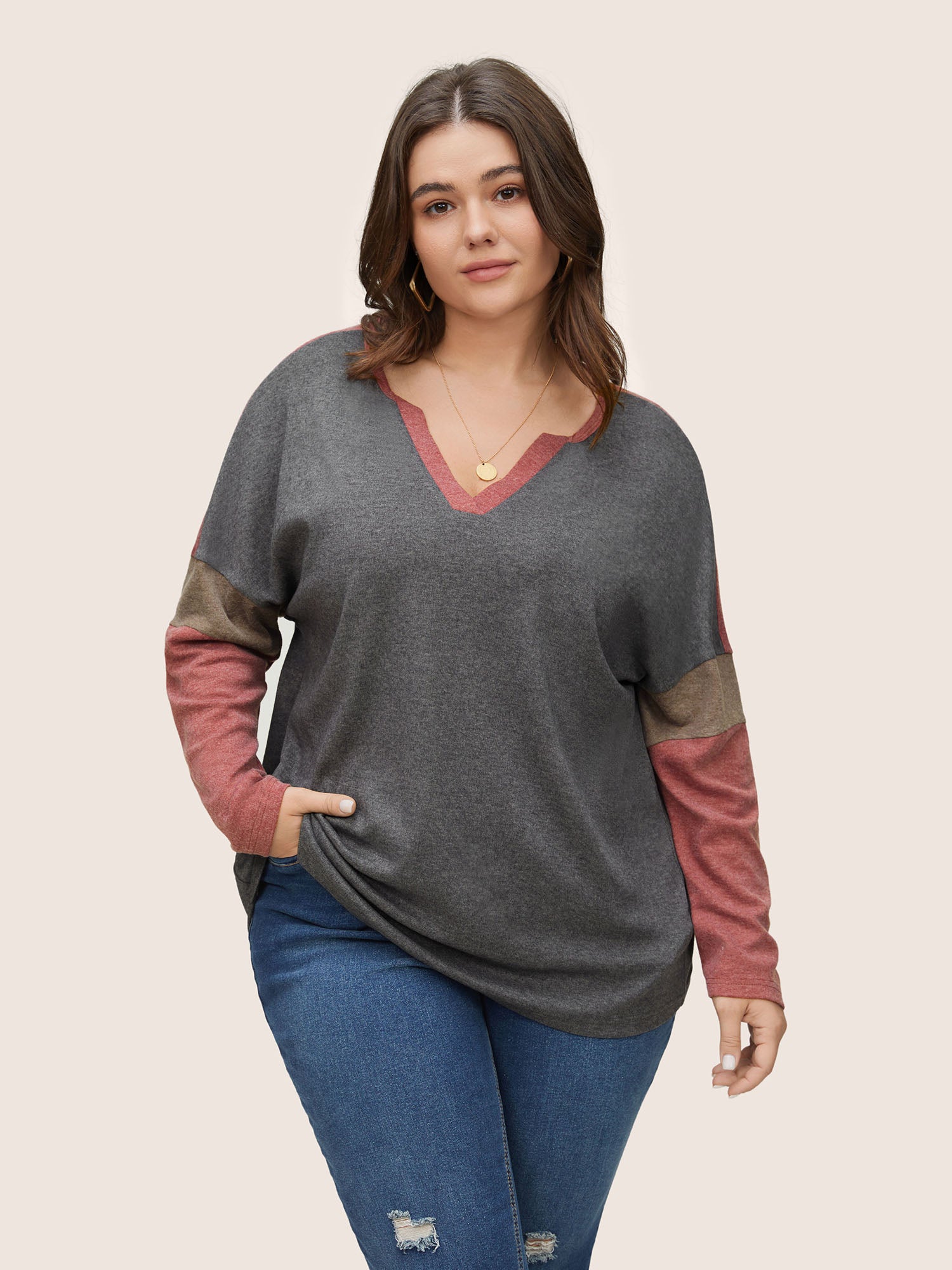

Plus Size Women Everyday Plain Patchwork Dolman Sleeve Long Sleeve Notched collar Casual T-shirts BloomChic, Gray