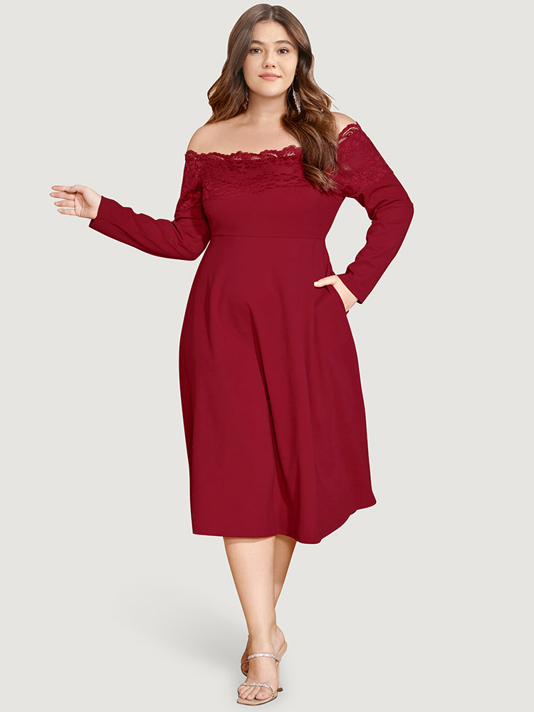 

Plus Size Women Going out Plain Patchwork Regular Sleeve Long Sleeve Off Shoulder Pocket Glamour Dresses BloomChic, Burgundy