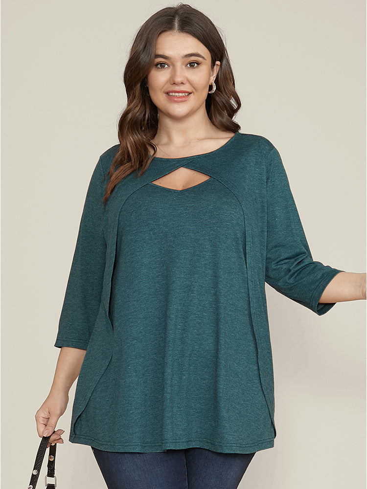 

Plus Size Women Dailywear Plain Heather Regular Sleeve Three Quater Length Sleeve Keyhole Cut-Out Elegance T-shirts BloomChic, Cyan