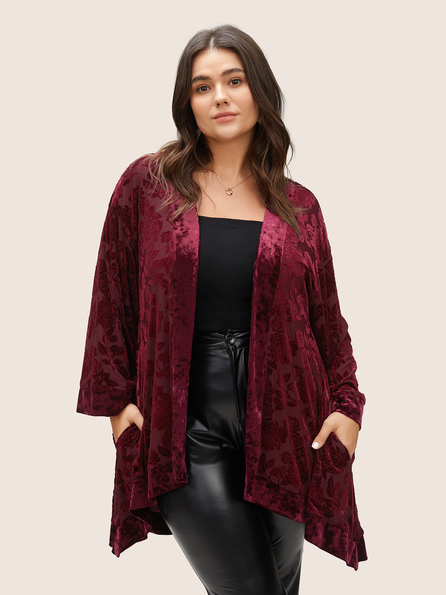 

Plus Size Cover Ups/Kimonos | Rose Velvet Pocket High Low Hem Kimono | BloomChic, Scarlet