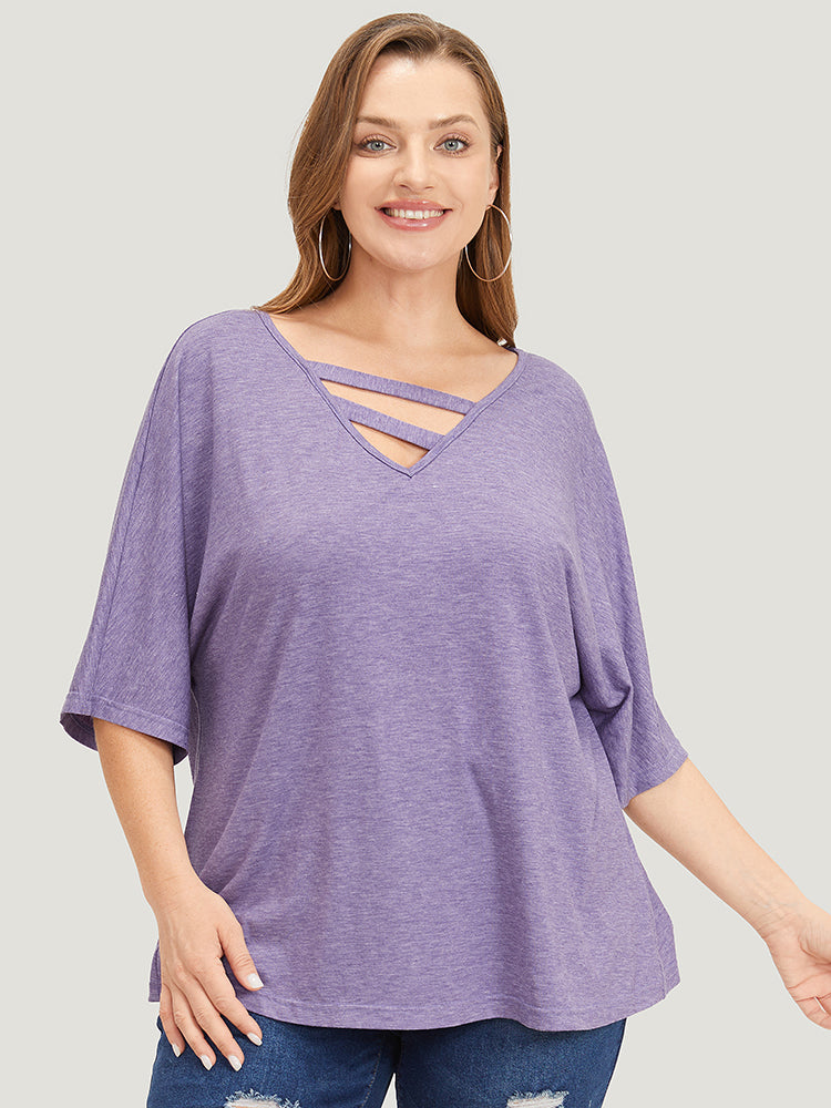 

Plus Size Women Dailywear Plain Asymmetrical Dolman Sleeve Half Sleeve V-neck Casual T-shirts BloomChic, Heather