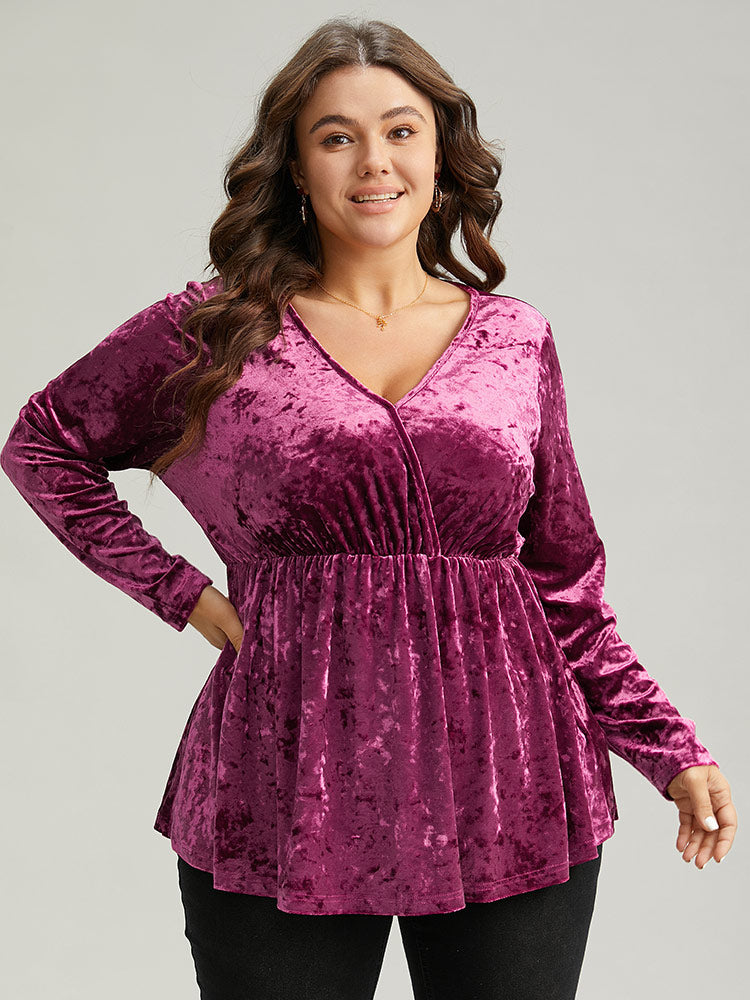 

Plus Size Women Dailywear Plain Velvet Regular Sleeve Long Sleeve V-neck Elegant T-shirts BloomChic, Red-violet