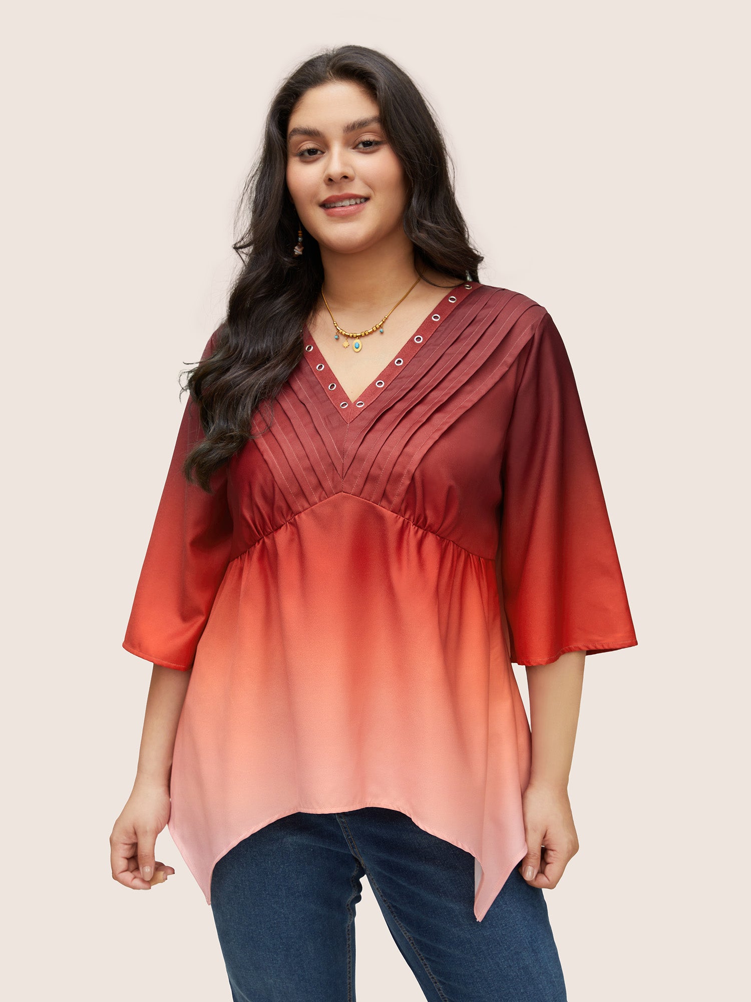 

Plus Size Women Vacation Ombre Pleated Ruffle Sleeve Elbow-length sleeve V-neck Resort Blouses BloomChic, Raspberry