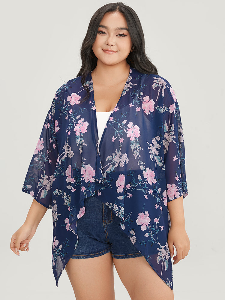 

Floral Print Asymmetrical Hem Open Front Cover Up BloomChic, Indigo