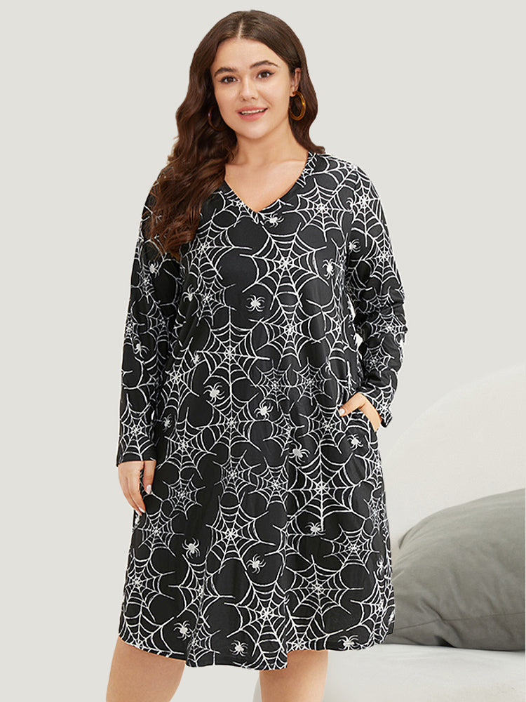 

Plus Size Loungewear | Halloween Spider Web Print Sleep Dress | BloomChic, Black
