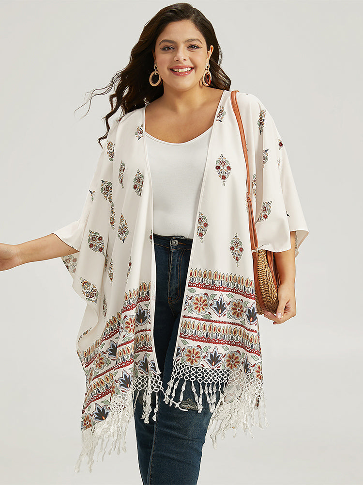 

Plus Size Cover Ups/Kimonos | Bohemian Print Asymmetrical Hem Tassel Trim Drape Kimono | BloomChic, Lvory