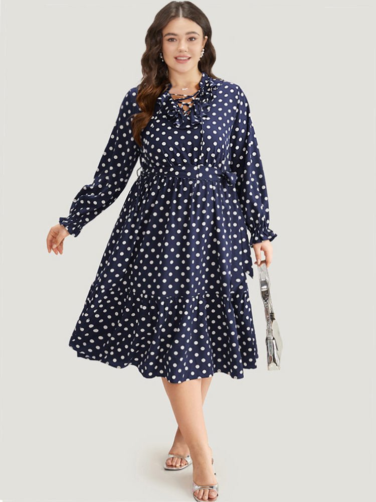 

Plus Size Women Work Polka Dot Belted Lantern Sleeve Long Sleeve Tie Neck Pocket Belt Office Dresses BloomChic, Indigo