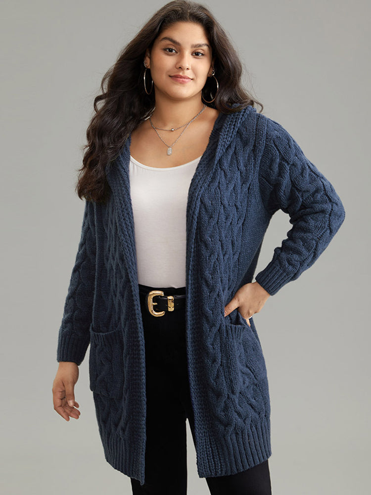 

Plus Size Cardigans | Cable Knit Texture Pocket Hooded Cardigan | BloomChic, Midnight