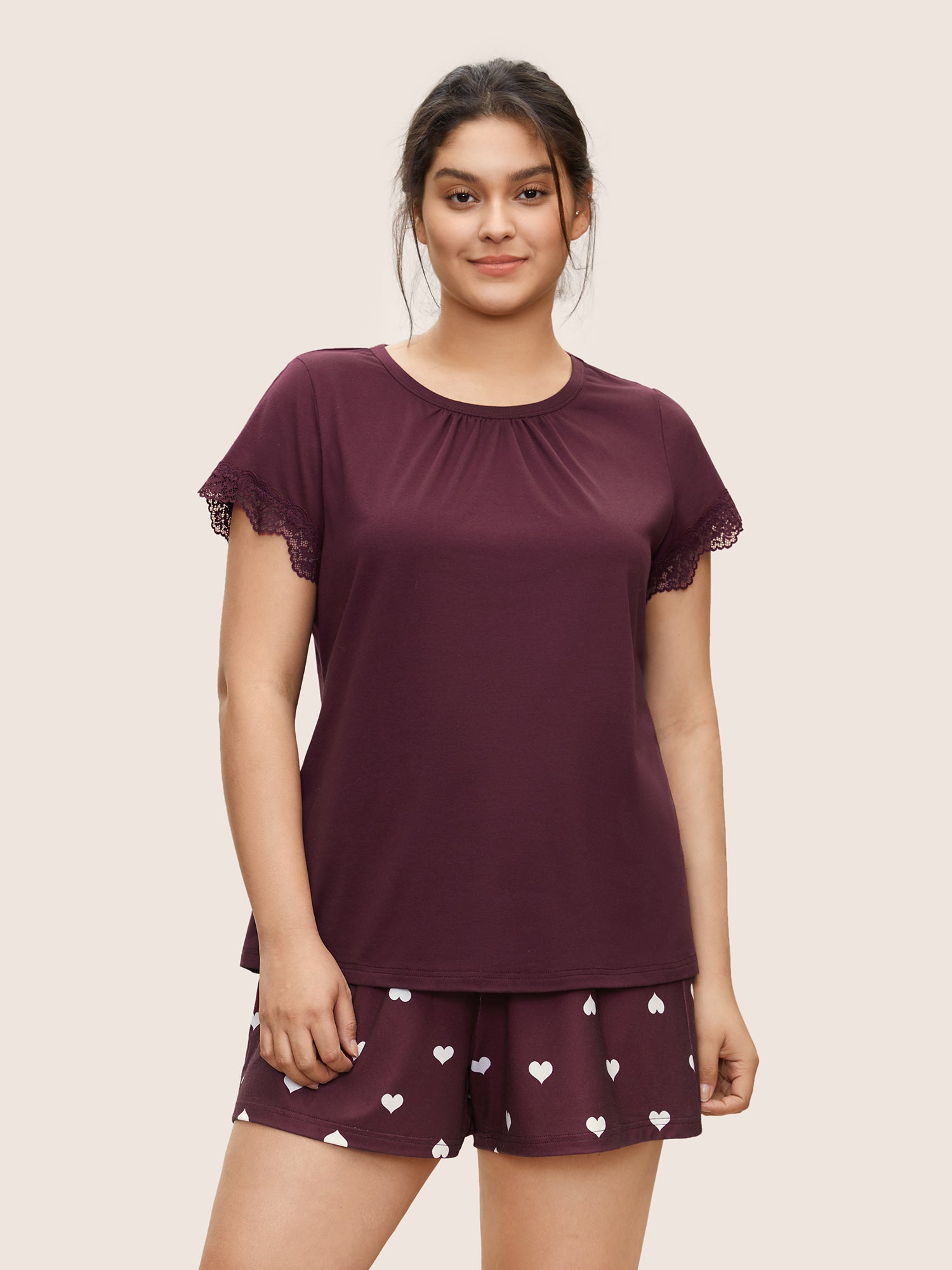 

Plus Size Sleep Tops | Solid Guipure Lace Gathered Sleep Top | BloomChic, Burgundy