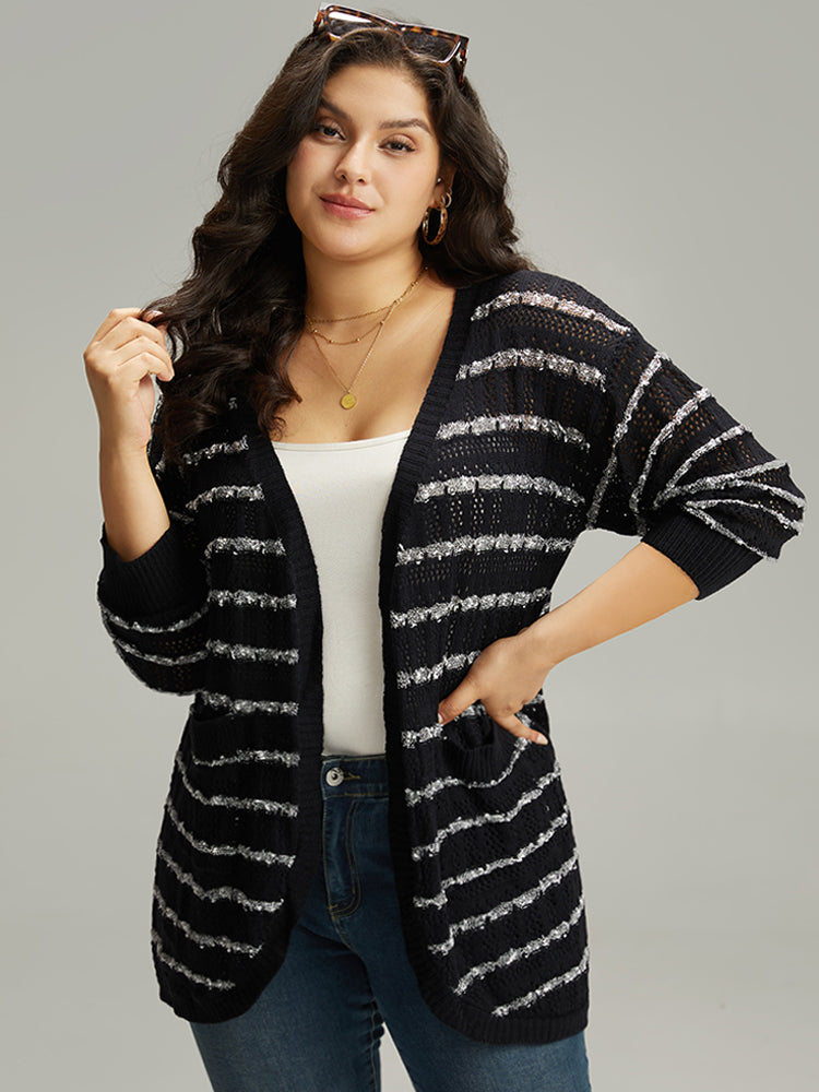 

Plus Size Cardigans | Striped Eyelet Curved Hem Patched Pocket Cardigan | BloomChic, Black