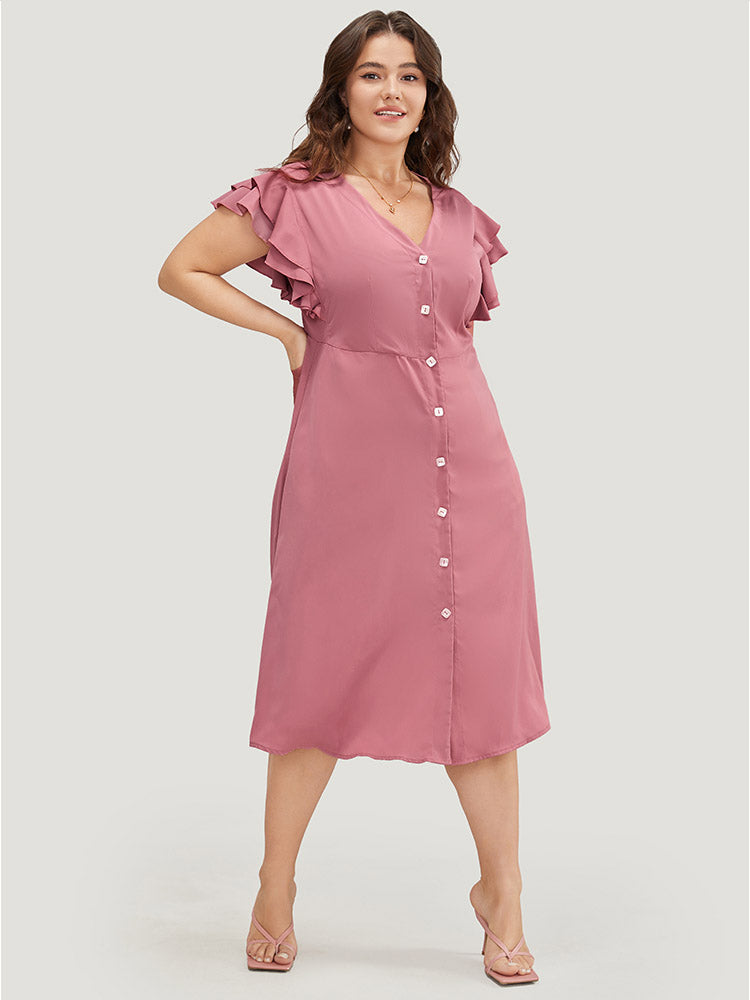 

Plus Size Women Dailywear Plain Button Ruffle Sleeve Short sleeve V-neck Pocket Elegant Dresses BloomChic, Rouge